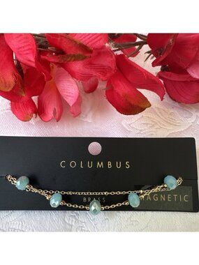 Columbus Magnetic Goldtone Brass Double Tiny Chain Blue Bead Charm Bracelet NWT